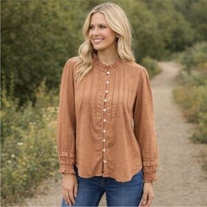 Quince Women's Organic Textured Cotton Peasant Blouse in Cafe Au Lait, Size XL